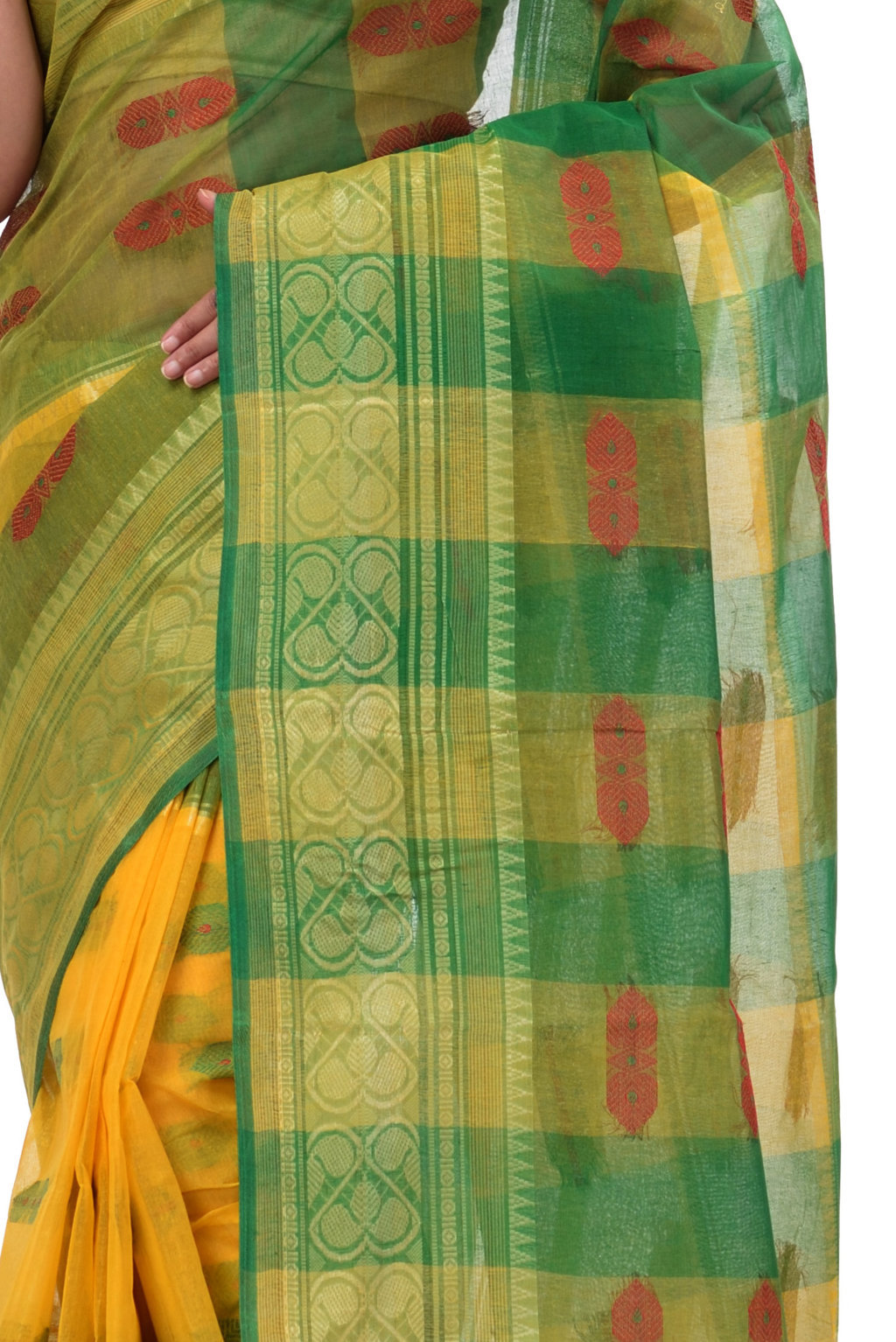 Yellow Green Pure Cotton Raj Nandi Desigine Tant Saree (2832)